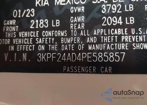 2023 Kia Forte Lxs z USA, uszkodzony, nr VIN 3KPF24AD4PE585857